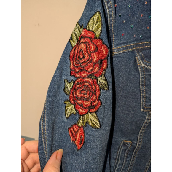 New Look Blue Jean Jacket with Red Rose Embroidery L, women's - Picture 3 of 7